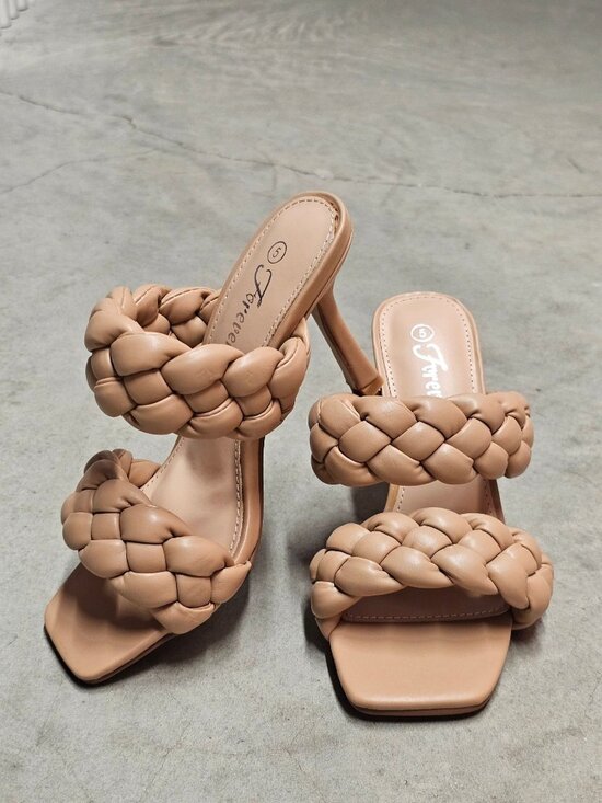 Shoes - Braided Faux Leather High Heel Sandals - Nude Beige Chic & Elegant Design For Wo